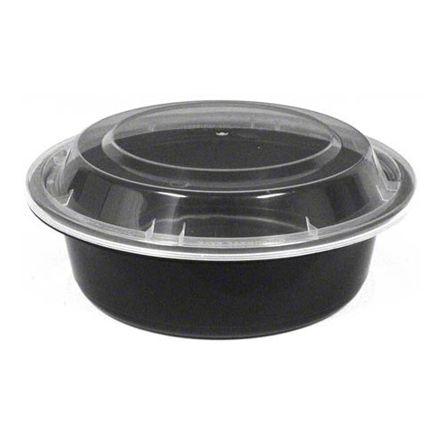 25-MY650 Round Plastic Black Food Containers with Clear Vented Lid, 7-inch, 24-oz 